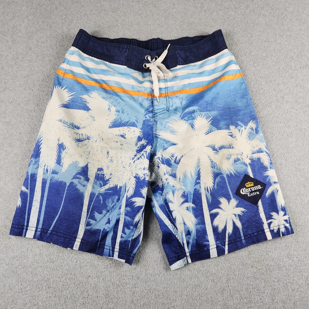 Corona Extra Swim Board Shorts Mens Small Blue Tropical Palm Tree Lace Up Waist